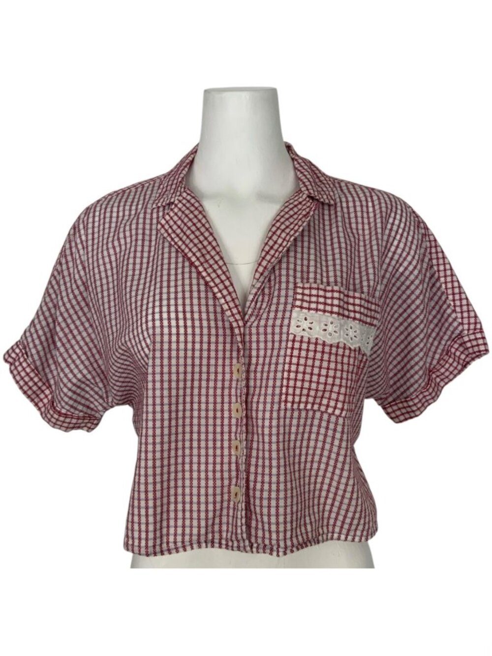 Anthropologie Gingham Boxy Pajama Top Shirt S Red Sleepwear